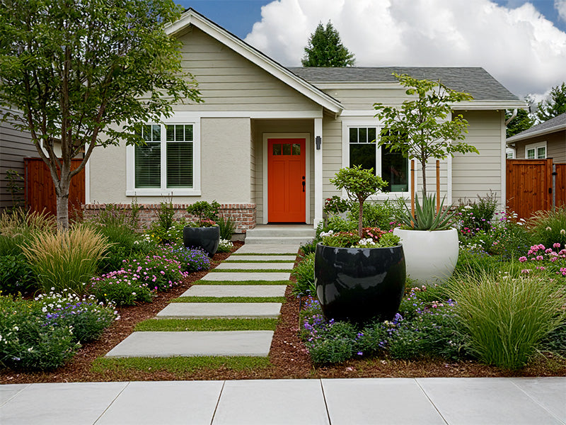 A charming modern home with a bold orange front door and beautiful front yard