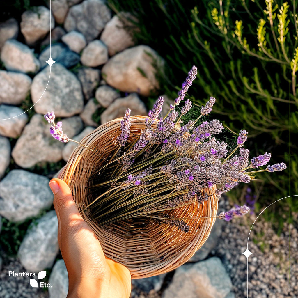 A hand holds a woven basket filled with freshly harvested lavender stems, set against a natural backdrop of stones and greenery, evoking the serene beauty and fragrance of a summer herb garden.