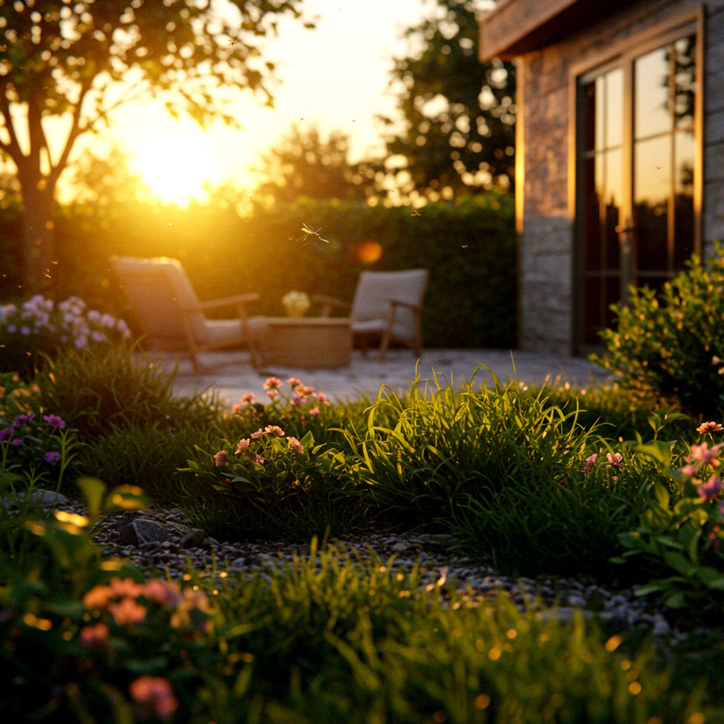 Lush backyard garden at sunset with vibrant flowers and tall grasses