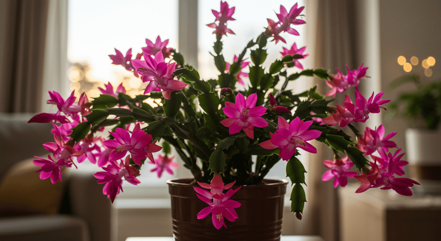 A blooming Christmas Cactus with vibrant pink flowers at the end of its segmented stems.