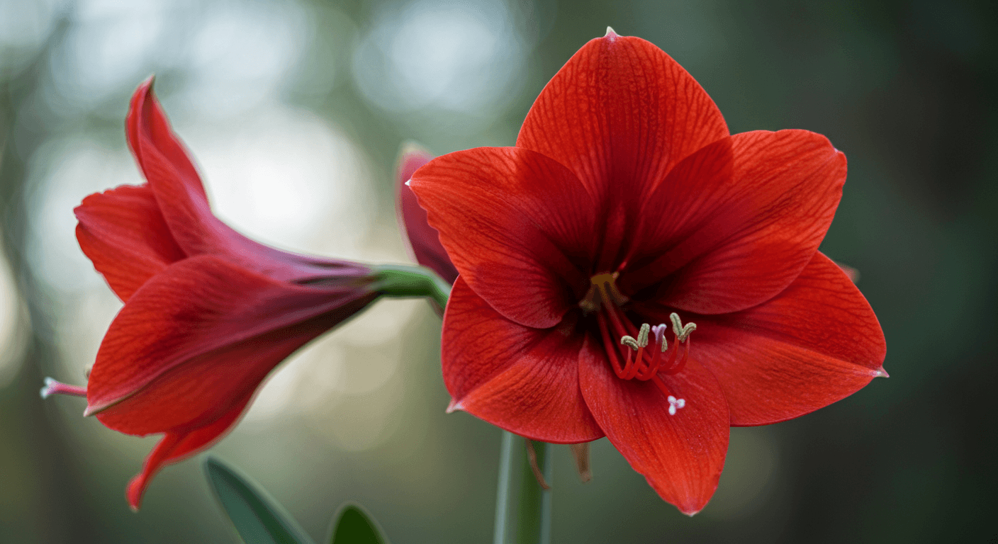 A spectacular, large trumpet-shaped red Amaryllis flower in full bloom.