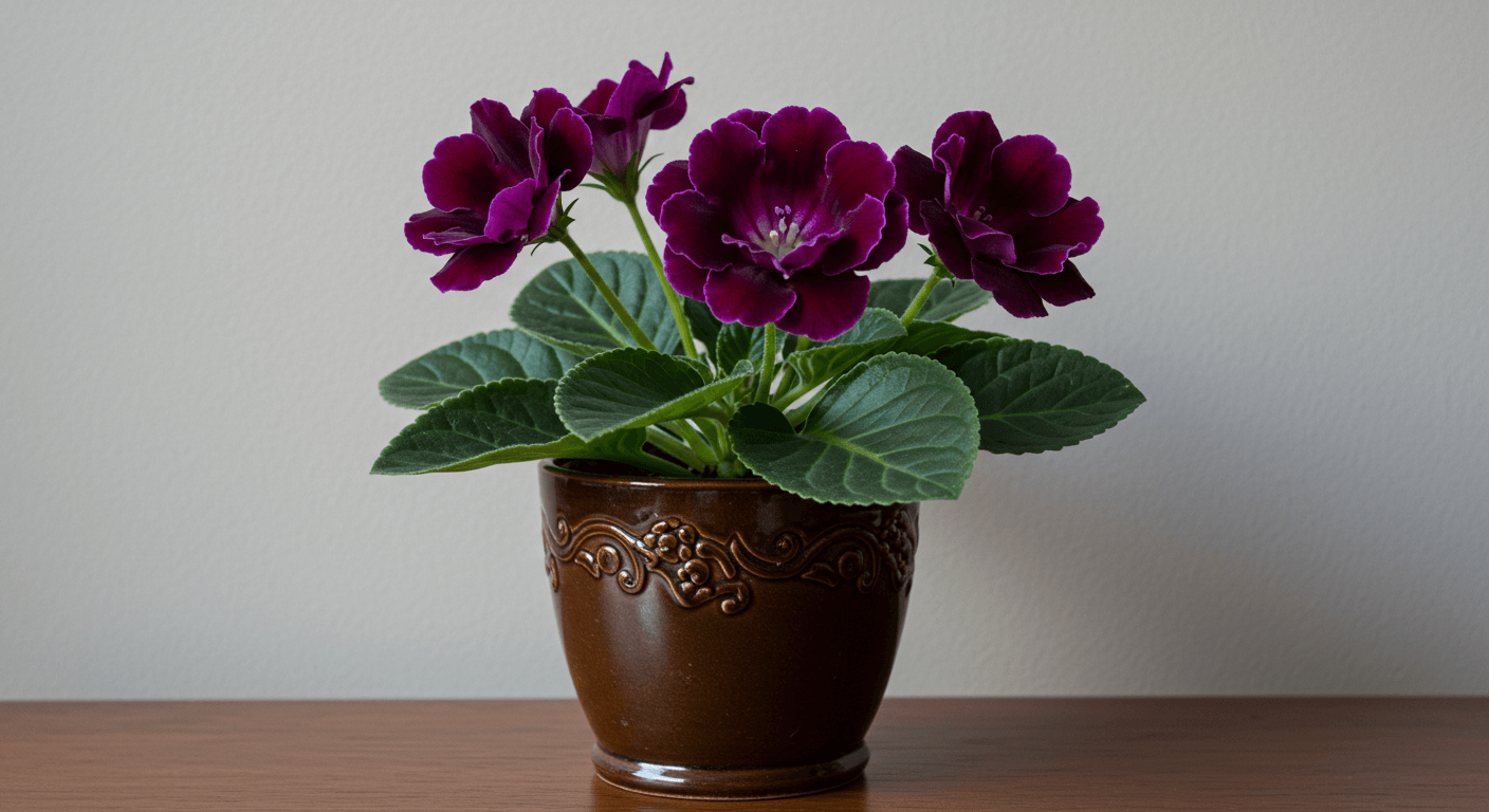A rich, purple Gloxinia flower with a velvety texture and bell shape.