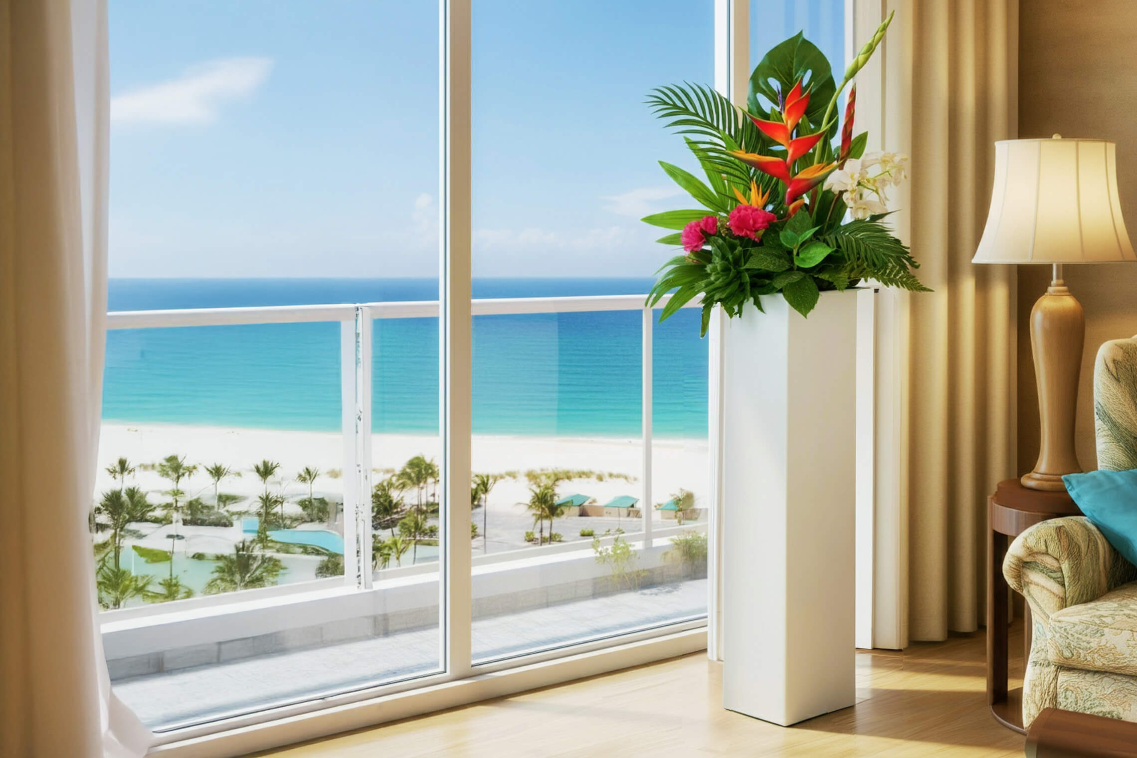 Living room decorated with tropical plants