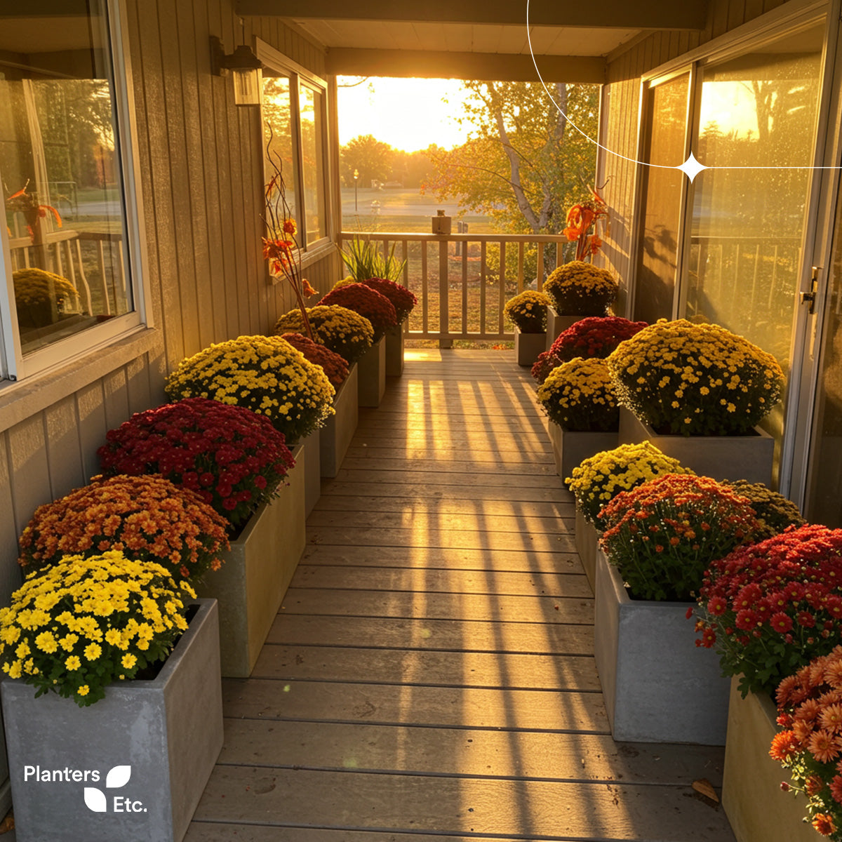 A warm, golden sunset bathes a charming porch lined with vibrant chrysanthemums in full bloom, neatly arranged in modern square planters. The mums display a lively mix of autumnal hues—rich reds, bright yellows, and fiery oranges—creating a festive and welcoming seasonal atmosphere. Branded with the Planters Etc. logo.