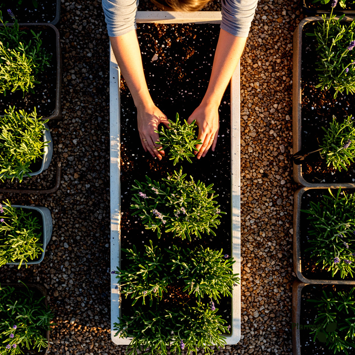 A top-down view of a person planting lavender in a sleek white rectangular planter surrounded by rows of potted lavender, illustrating ideal spacing and planter selection for healthy growth.