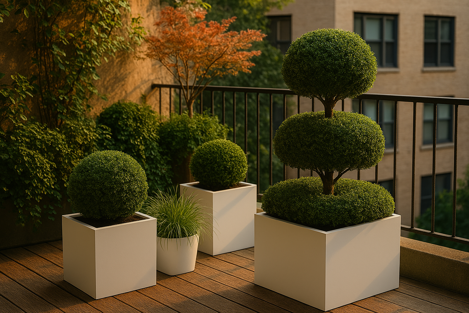 Using Planters for Small Urban Spaces: Maximizing Every Inch 4 Sculptural boxwood topiaries bring structure and style to a small city balcony—elevating design in every square inch