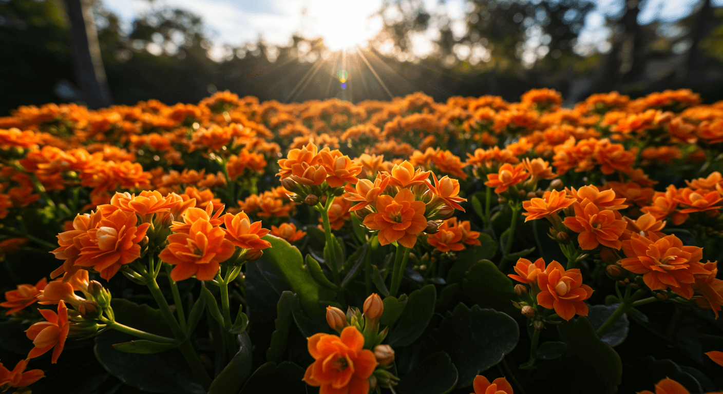 A dense cluster of bright orange Kalanchoe flowers, a type of succulent.