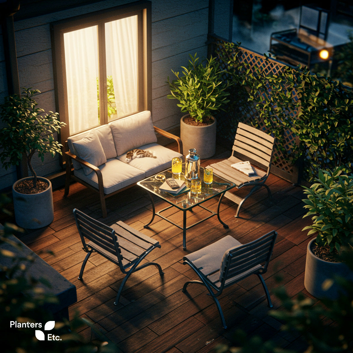 Cozy evening patio with a cushioned loveseat, a glass coffee table, and wooden chairs surrounded by potted greenery, softly lit and featuring a relaxed cat napping indoors by the window.