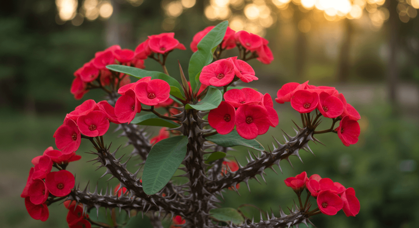 10 Best Indoor Flowering Plants That Bloom All Year 5 A Crown of Thorns succulent with thorny stems and small, colorful flower bracts.