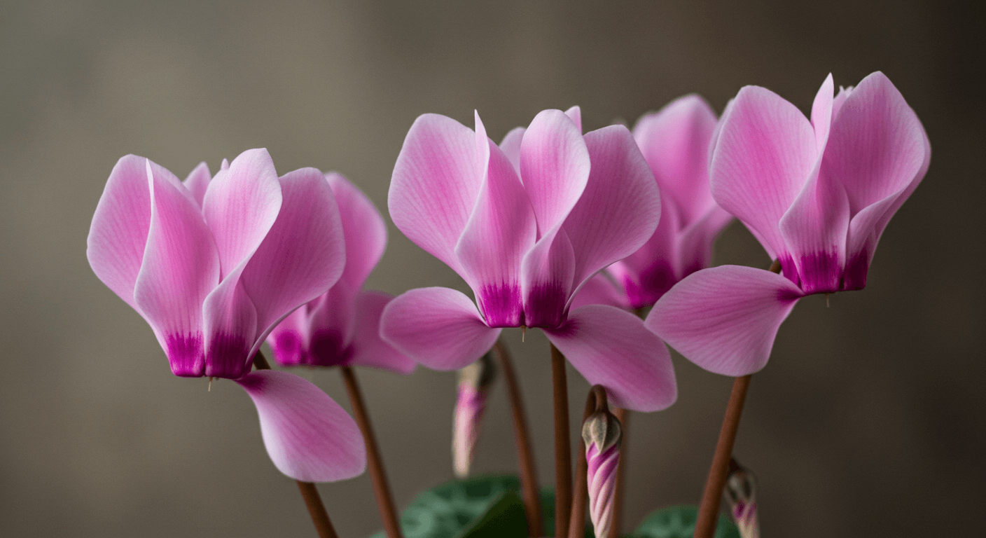 A Cyclamen plant with unique, swept-back pink flowers and patterned leaves.