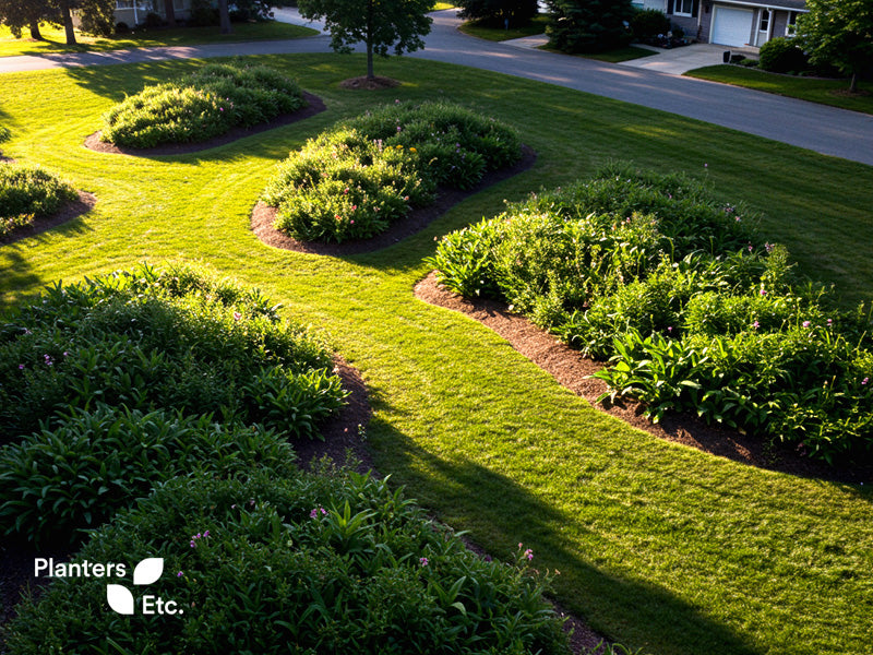 A beautifully landscaped residential green space featuring gently curved earth berms planted with dense shrubs and perennials. The mounded shapes add visual interest, enhance sound insulation, and create a soft, natural barrier along the street, blending function and aesthetics seamlessly.