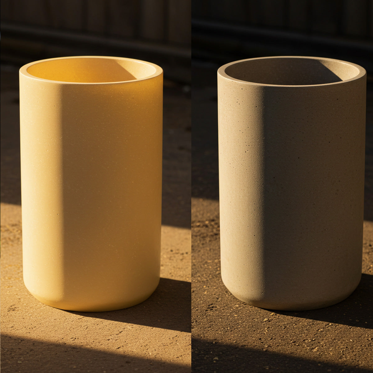 Fiberglass Planters Versus Other Planter Materials 4 Side-by-side comparison of a smooth, lightweight fiberglass planter (left) and a heavier, rough-textured concrete planter (right), both cylindrical and sunlit to showcase differences in color tone, material texture, and finish.