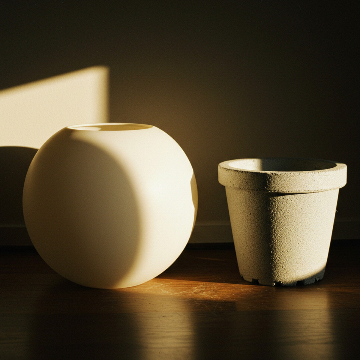 Fiberglass Planters Versus Other Planter Materials 6 Comparison of a smooth, rounded fiberglass planter and a textured foam planter, showcasing the difference in material durability, surface finish, and design elegance.
