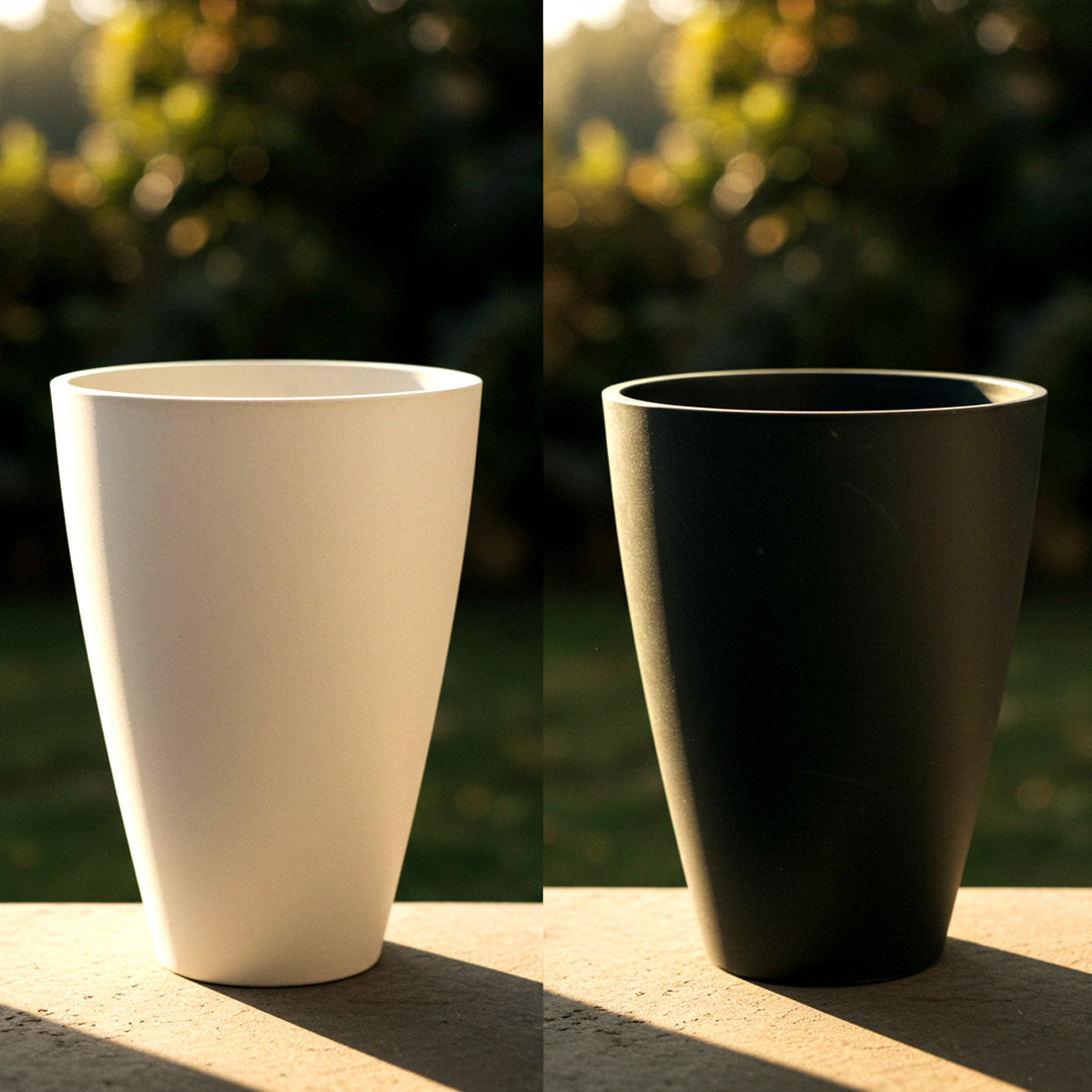 Fiberglass Planters Versus Other Planter Materials 1 Side-by-side comparison of a white fiberglass planter and a black plastic planter, both lit by warm sunlight, showcasing the visual and textural differences between the two materials.