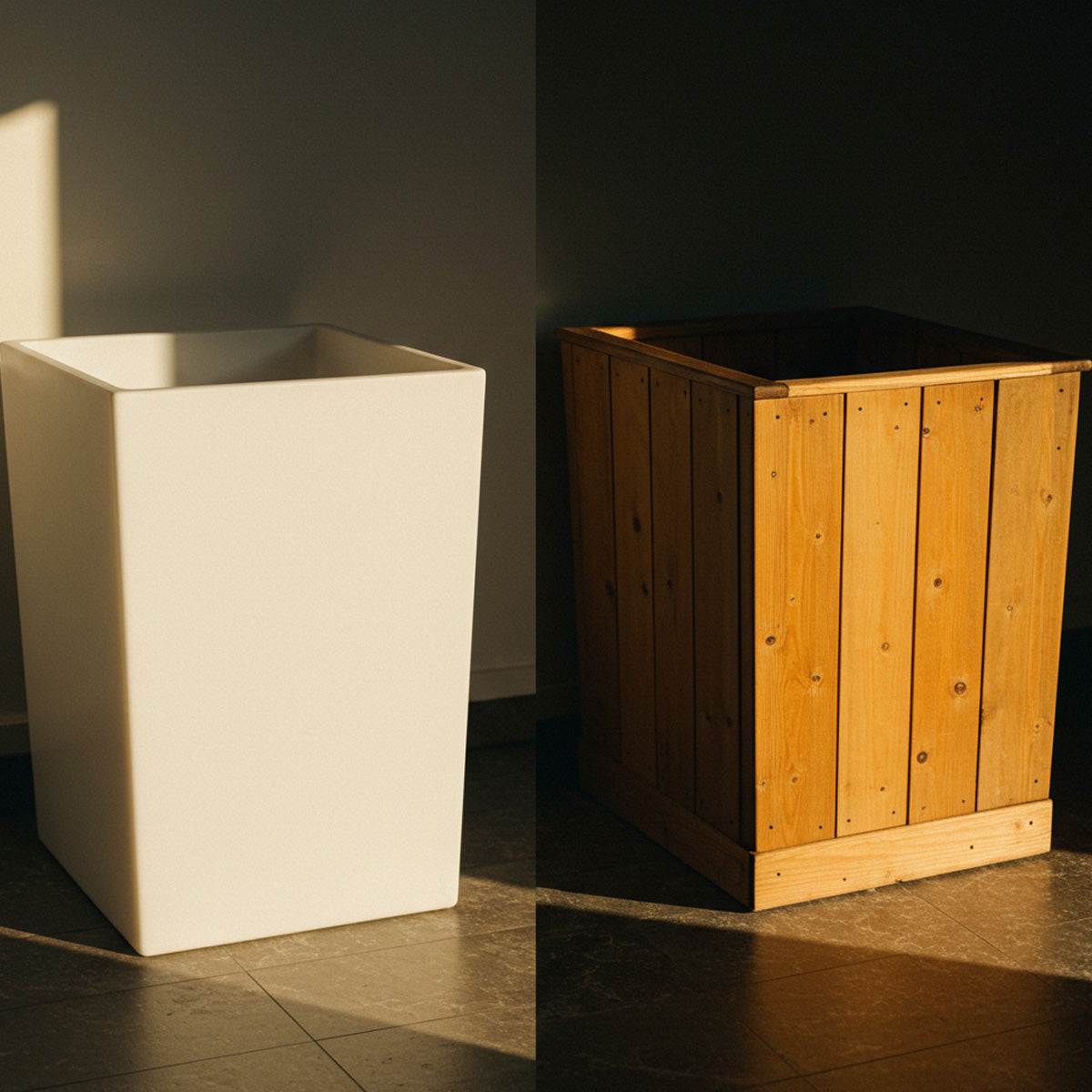 Fiberglass Planters Versus Other Planter Materials 2 Side-by-side comparison of a sleek white fiberglass planter and a rustic wooden planter, illustrating the contrast in material, texture, and style under soft indoor lighting.
