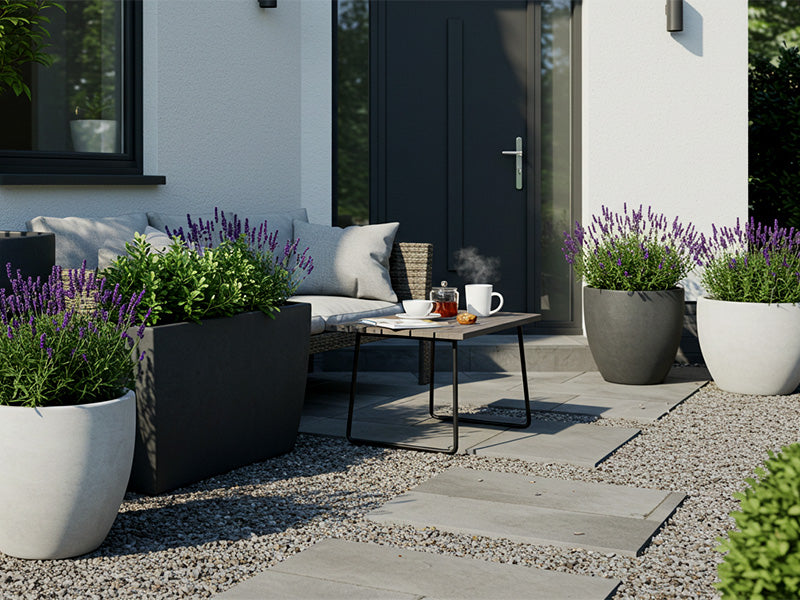 A cozy front patio features a modern outdoor seating area with neutral cushions, surrounded by round and rectangular planters filled with lush green plants and blooming lavender. A small table holds a cup of tea, a glass teapot, and a pastry, creating a welcoming and serene atmosphere.