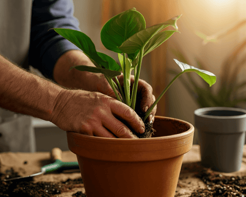 Gardener repotting a plant into a larger pot