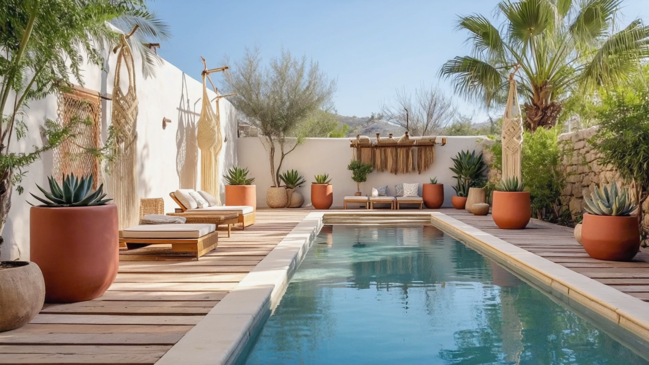 Gen4 A bohemian back yard with rectangle narrow fiberglass planters in the background a 2 38317562
