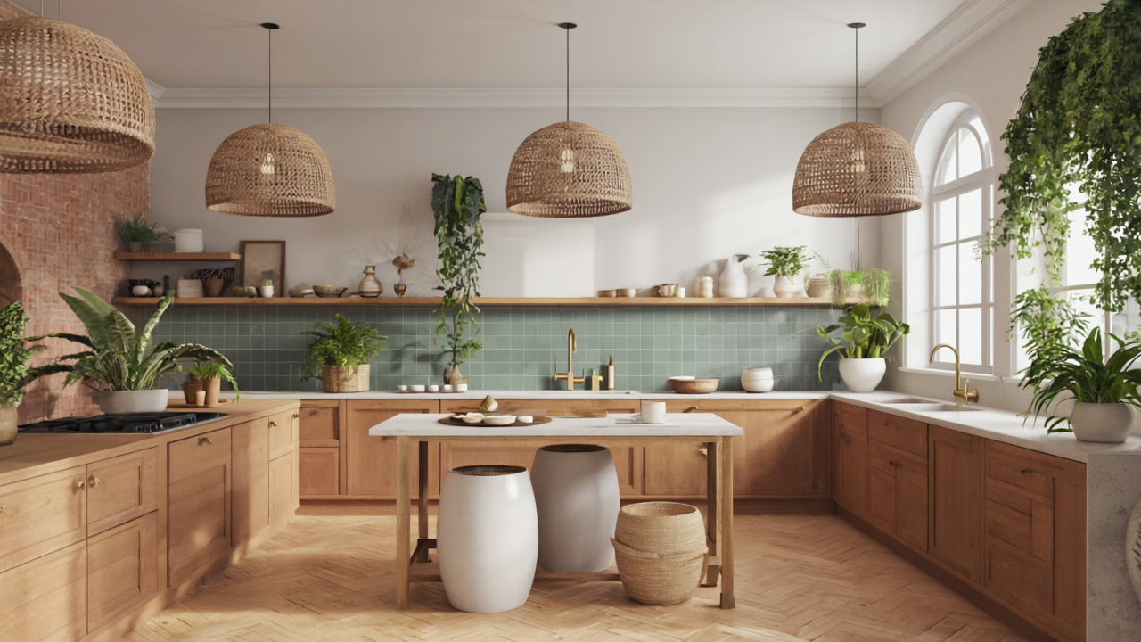 Gen4 A bohemian kitchen with fiberglass large round planters in background a 2 4104465904
