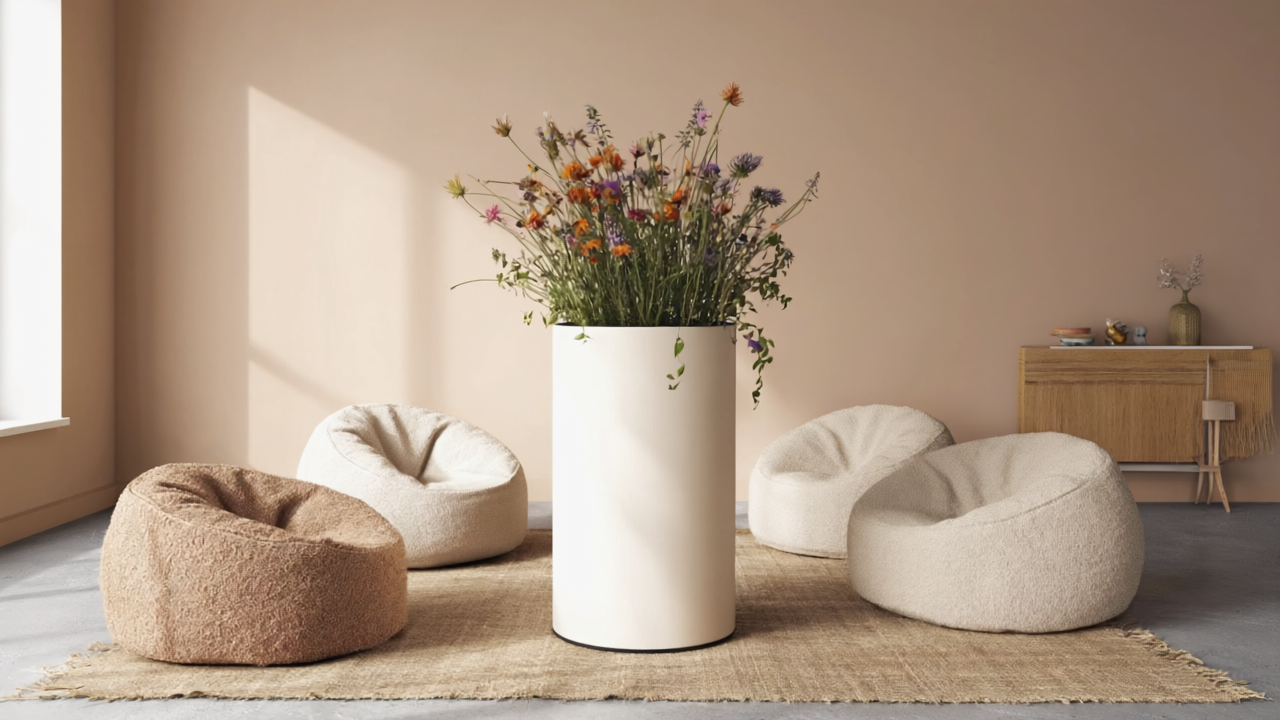 Gen4 A vertical fiberglass planter is in the middle of a chic room with bohemian flower a 2 4132636