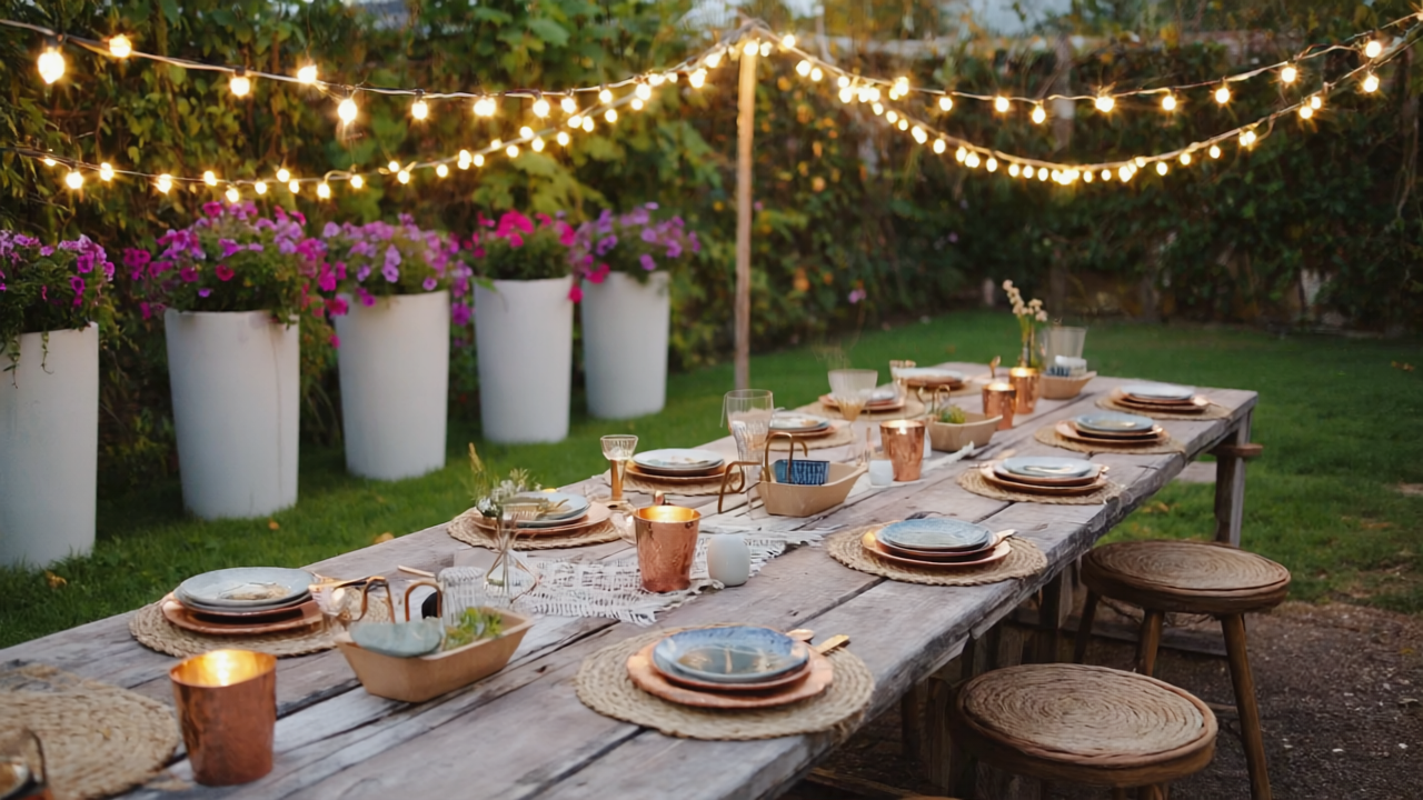 Gen4 String lights adorn an outdoor table with bohemian decor and fiberglass white pla a 2 24478935