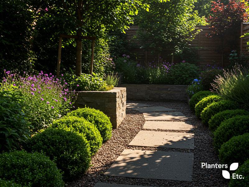 A shaded garden walkway featuring rectangular pavers set in gravel, flanked by manicured boxwood shrubs and blooming perennials. Raised stone planters and surrounding trees create a layered, tranquil space where hardscape and softscape elements blend harmoniously for both beauty and functionality.