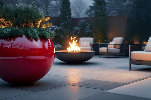 Outdoor space decorated with holiday planters