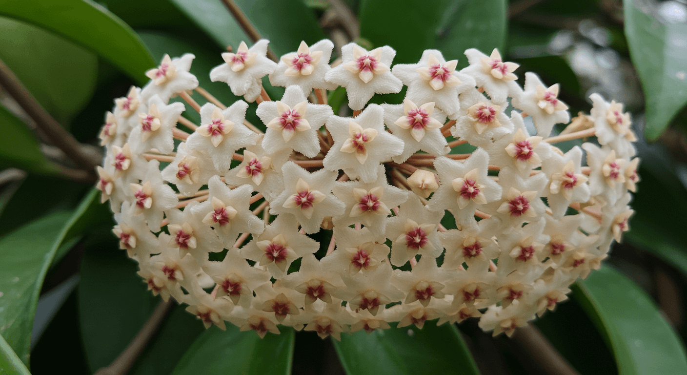 A close-up of the waxy, star-shaped flower cluster of a Hoya plant.