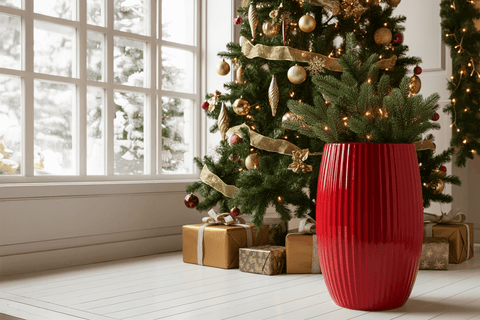 Indoor space decorated with holiday planters