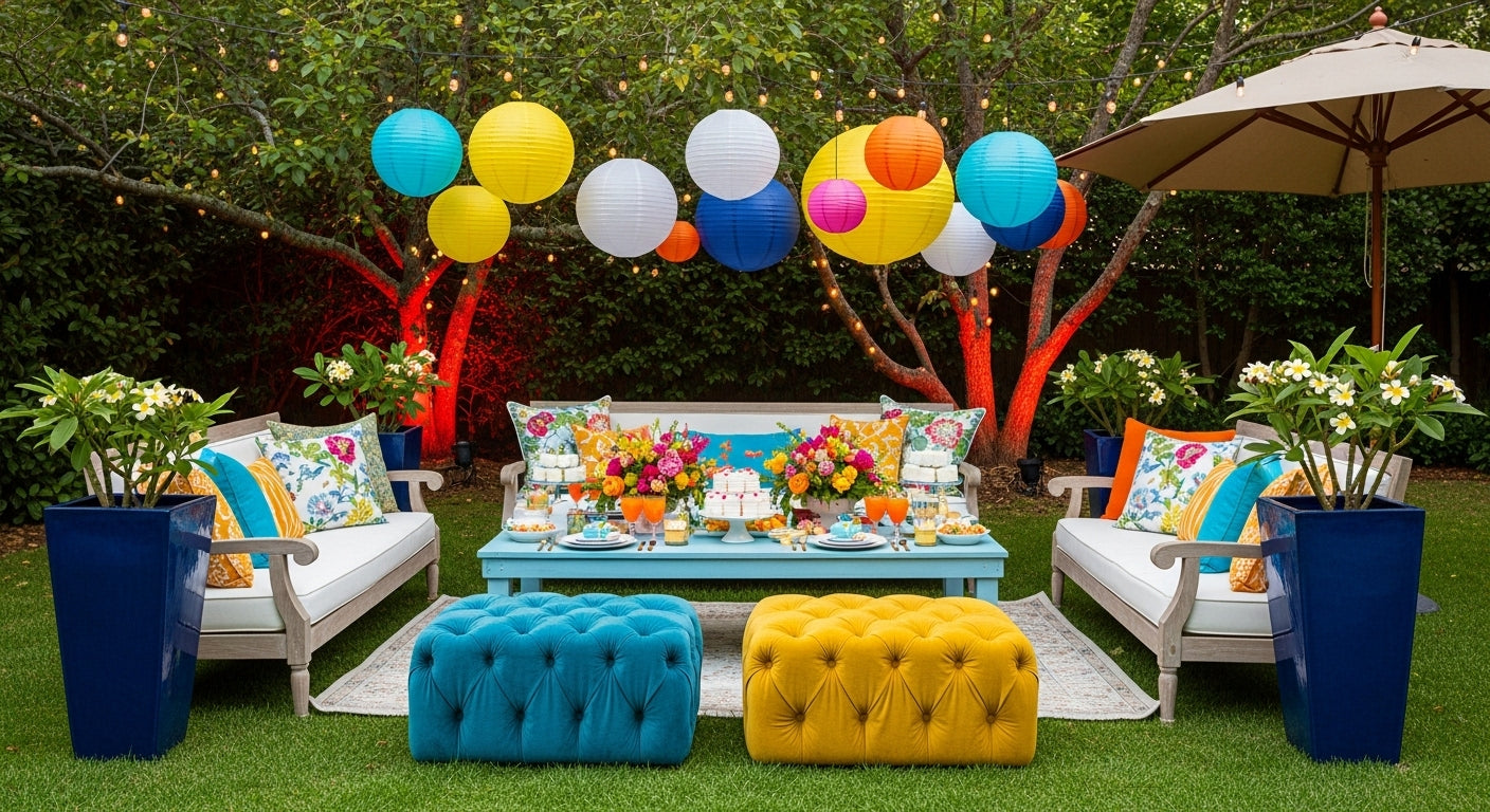Outdoor summer party with decorative planters