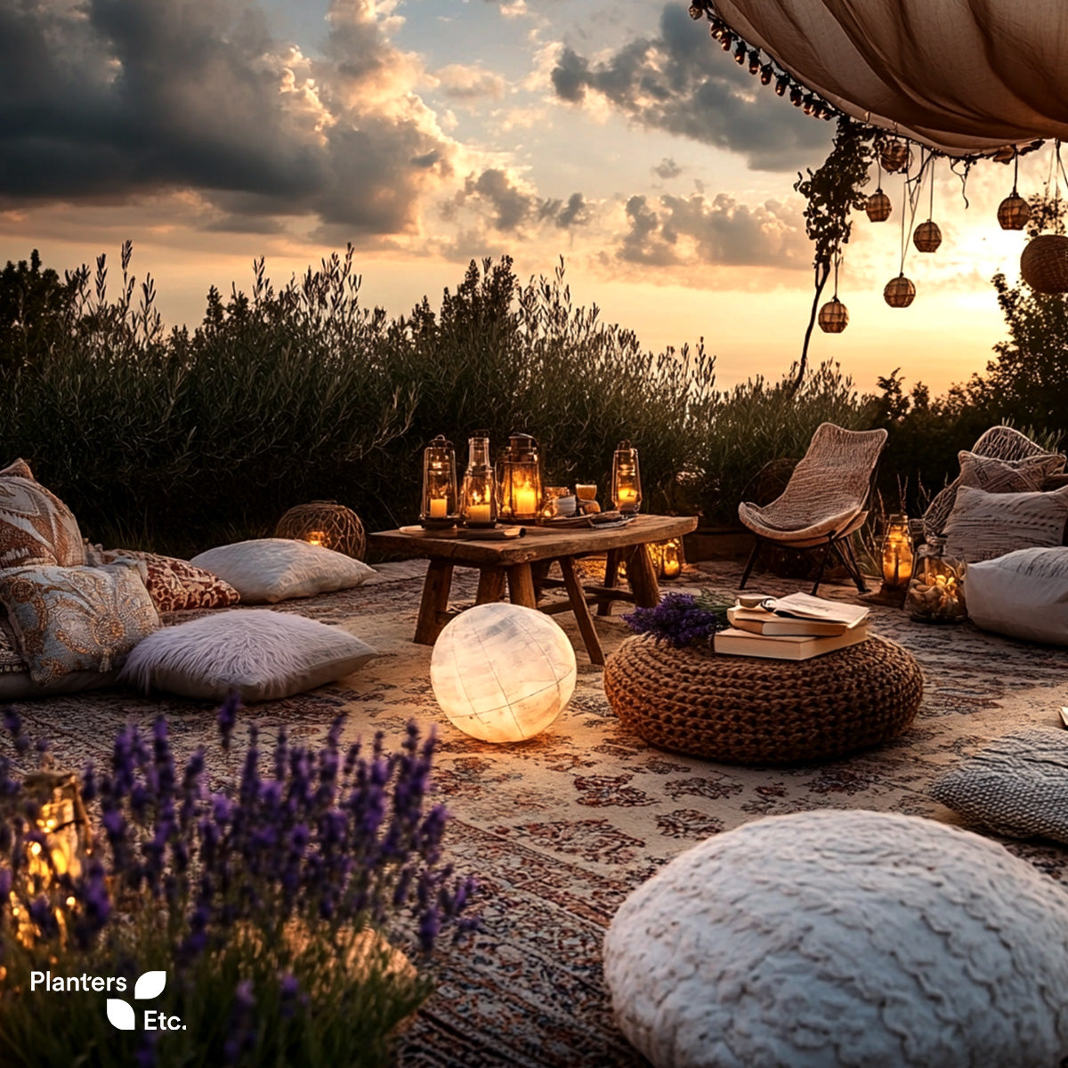 Cozy boho outdoor lounge setup at sunset with layered rugs, floor cushions, lanterns, and blooming lavender, creating a serene and inviting atmosphere.