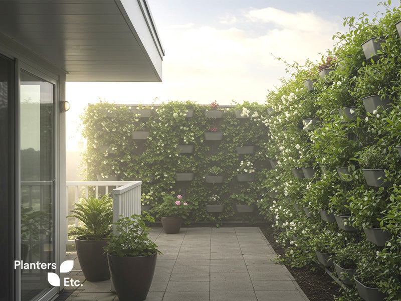 A serene rooftop patio featuring a living wall system made of neatly arranged planters filled with flowering vines and greenery. Morning sunlight filters through, creating a peaceful, private atmosphere enhanced by vertical plant coverage and potted plants along the tiled floor.