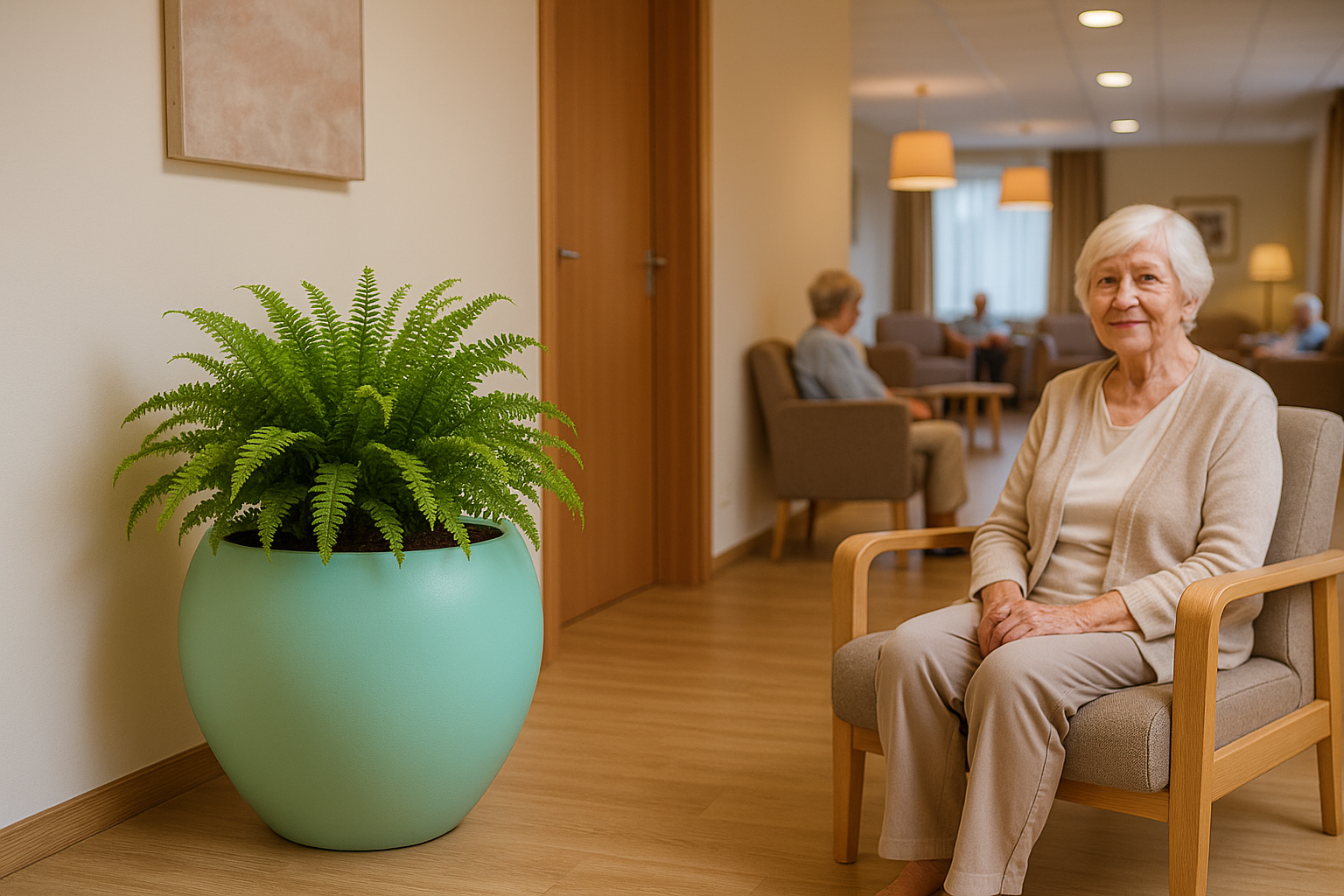 Fiberglass Planters for Nursing Homes: Interior Design Ideas & Mental Health Benefits 2 OldLadywheelchairPlanter e102d327 ffe8 4ba2 97f4 cfffbc798ce2