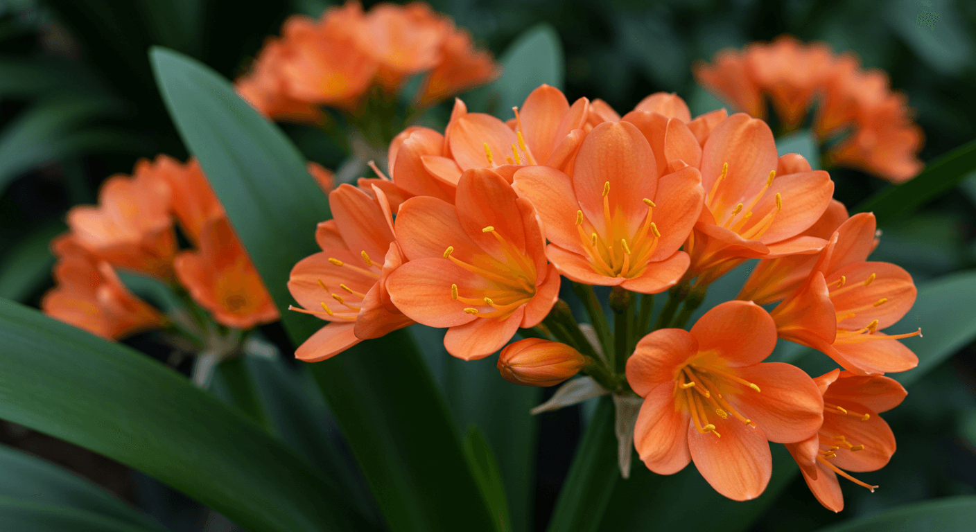 A cluster of vibrant orange, trumpet-shaped Clivia flowers.