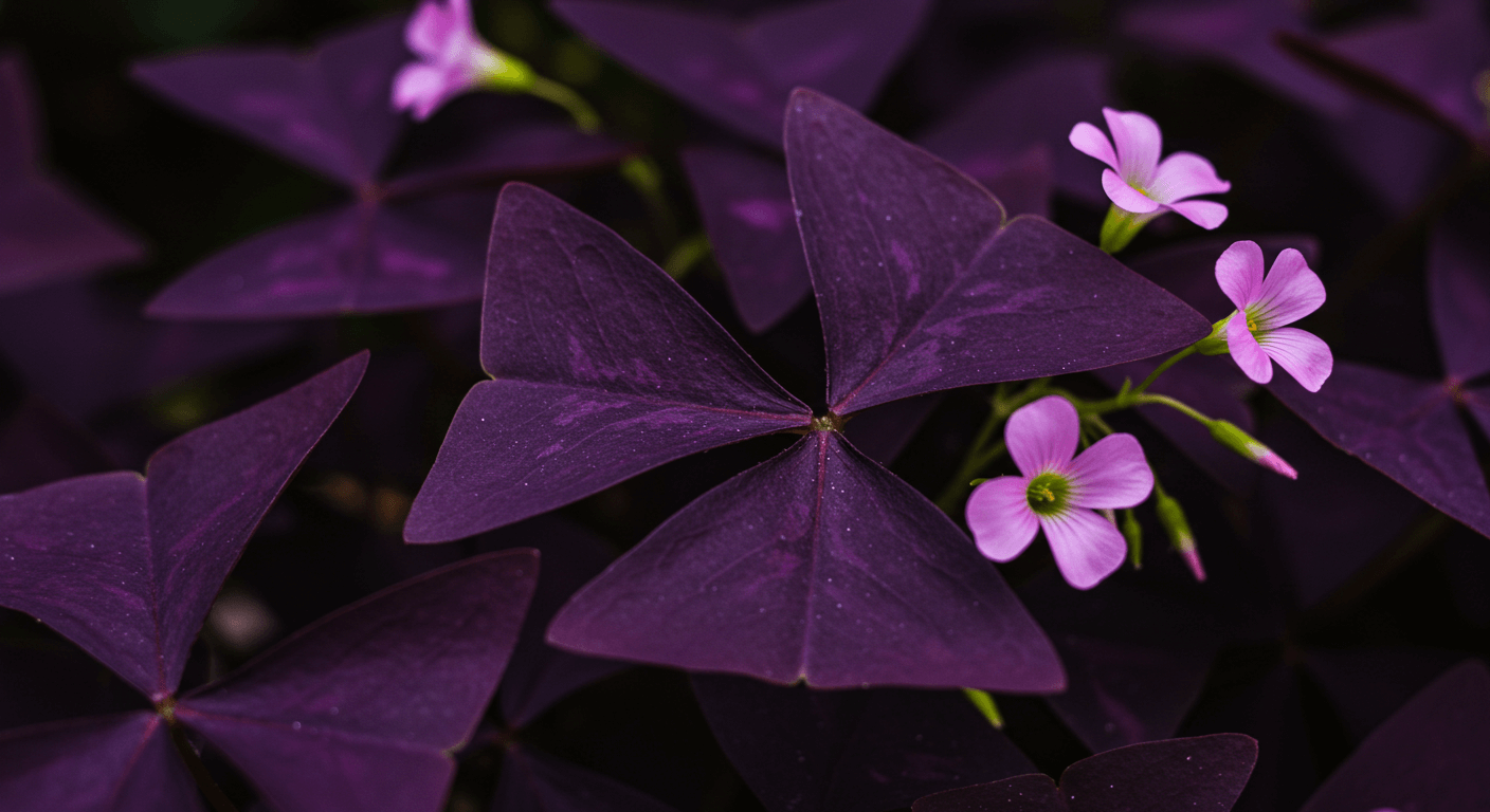 10 Best Indoor Flowering Plants That Bloom All Year 9 An Oxalis plant with deep purple, clover-like leaves and delicate pink flowers.
