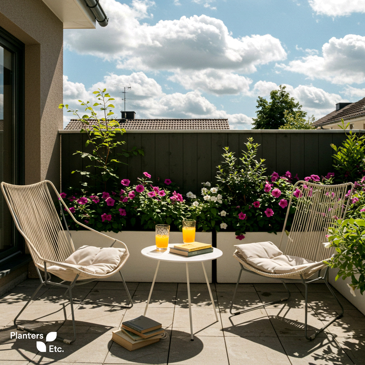 Sunny patio with two modern lounge chairs and a small white table, surrounded by lush rectangular planters overflowing with vibrant pink and white petunias.