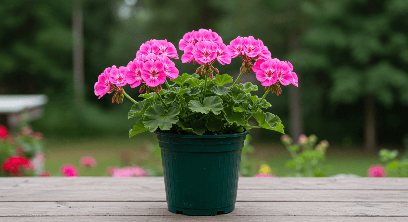 Bright pink Geranium flowers blooming in a classic indoor pot.