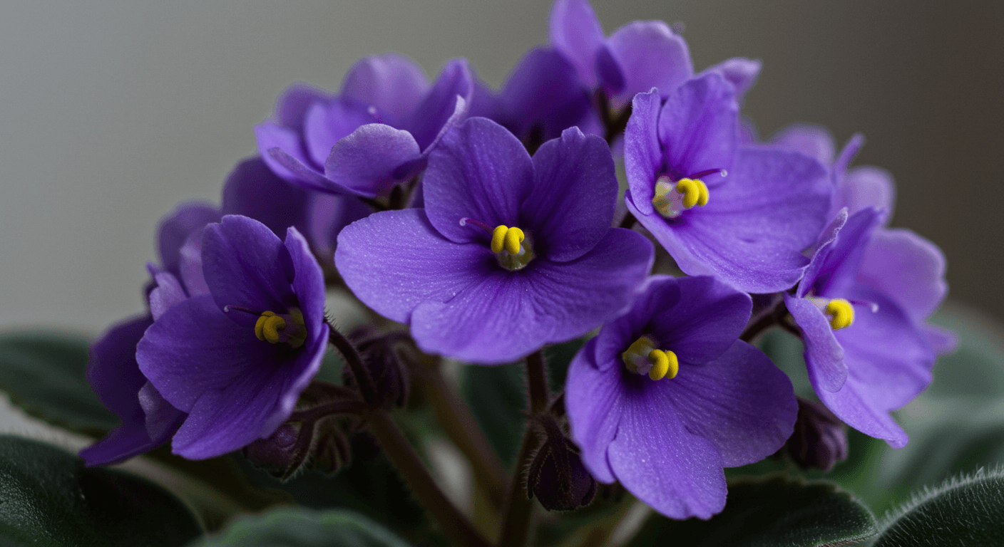 10 Best Indoor Flowering Plants That Bloom All Year 1 A compact African Violet with velvety purple flowers and fuzzy green leaves.