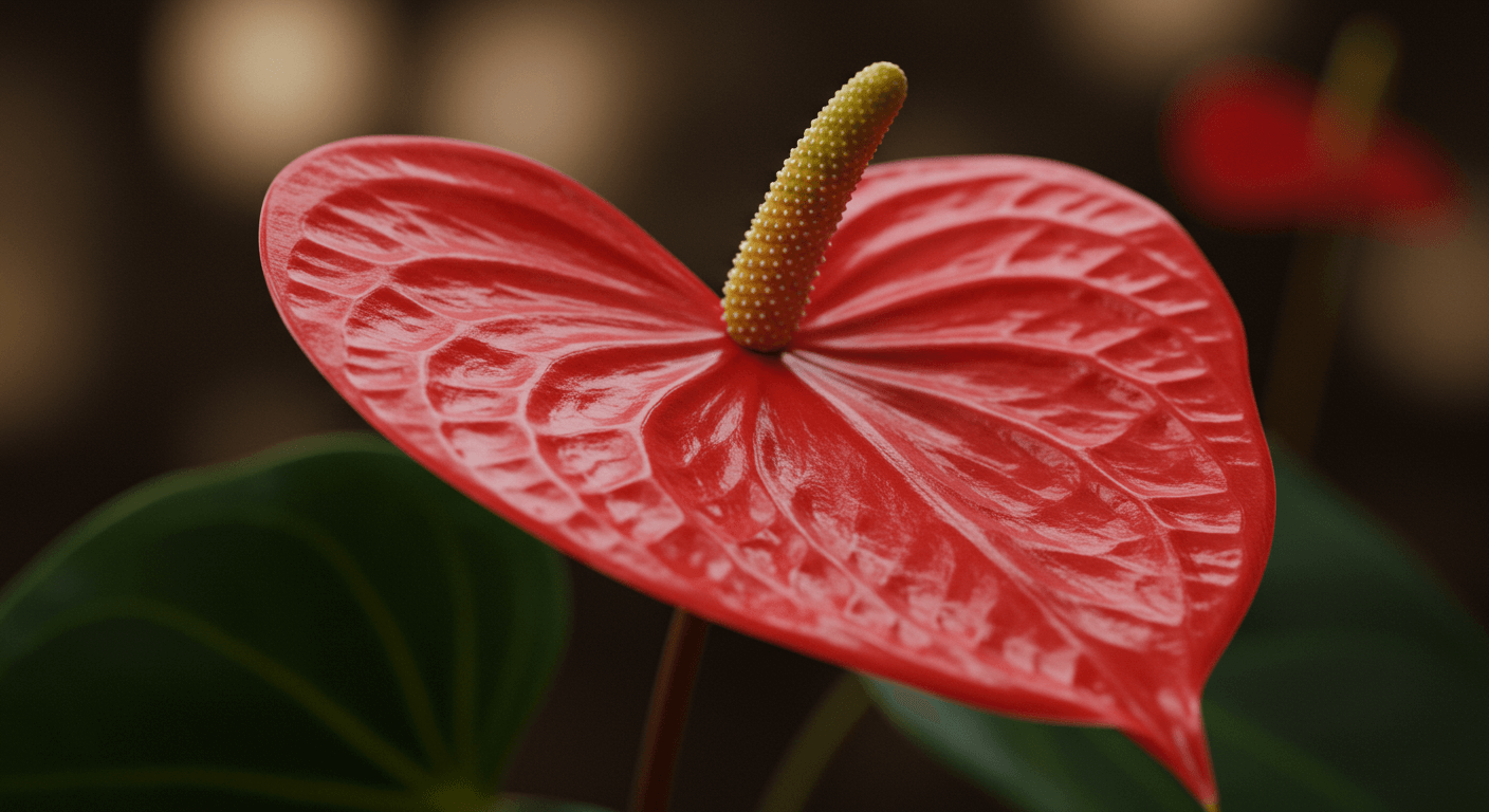 A vibrant red, heart-shaped Anthurium flower with a yellow spadix.