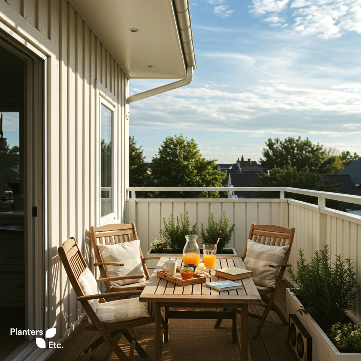 Charming balcony breakfast setup with wooden furniture, striped cushions, a tray of juice and berries, and fragrant rosemary planters lining the railing.
