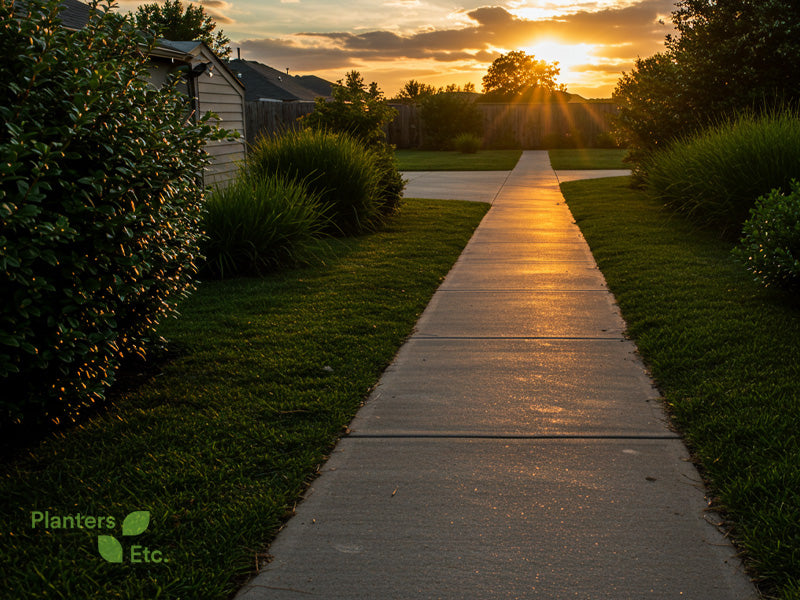 A peaceful suburban sidewalk at sunset, lined with well-maintained grass and dense, sound-absorbing groundcovers. The golden hour light reflects off the pavement, while soft hedges and ornamental grasses help minimize noise, creating a serene, walkable neighborhood environment.