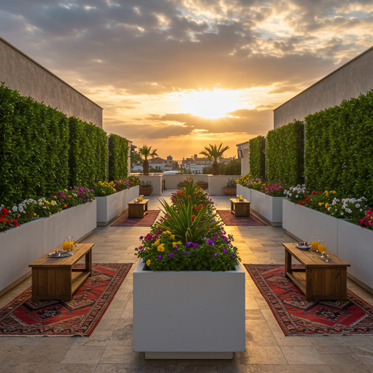 Rooftop patio at sunset with large white planters filled with colorful flowers and lush green hedges, creating a serene and vibrant outdoor retreat.