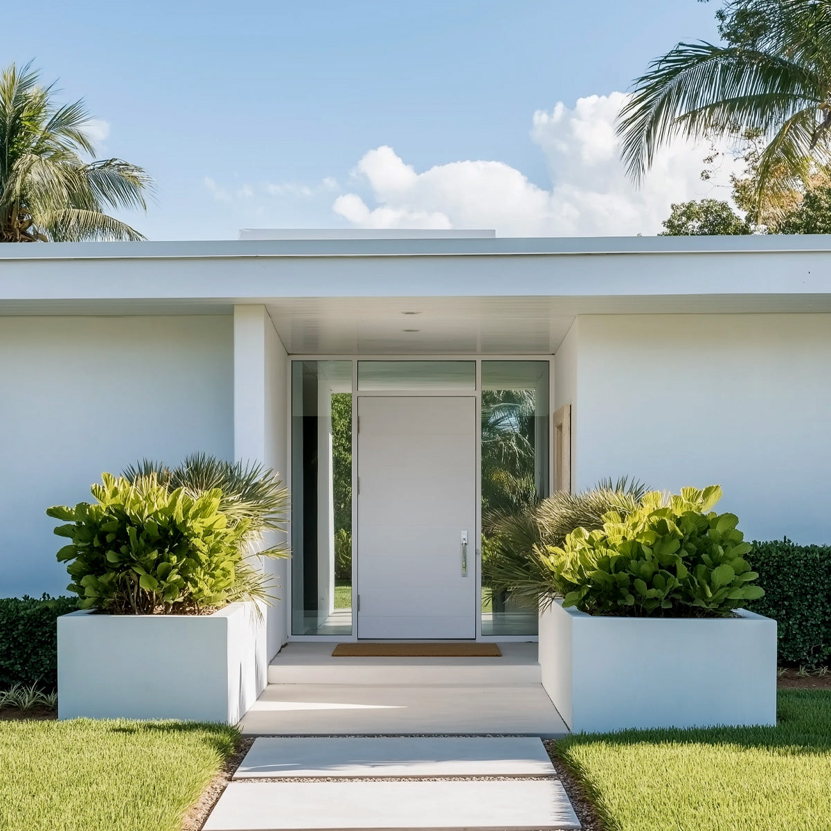Modern front entryway framed by clean architectural lines, tropical foliage in sleek rectangular planters, and a symmetrical pathway leading to a minimalist white door.