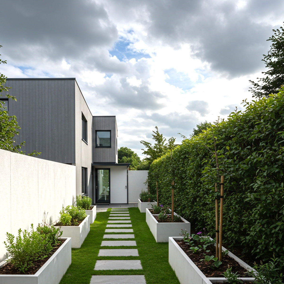 Modern narrow side yard with white rectangular planters, lush hedges, and a sleek concrete path leading to a contemporary home's entrance.