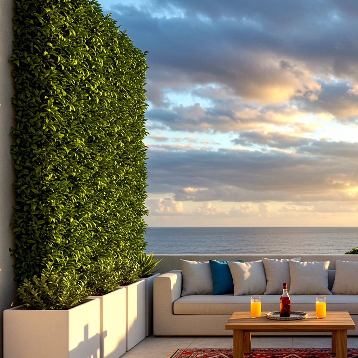 Elegant rooftop patio featuring lush vertical greenery in tall white planters, comfortable seating, and stunning ocean views at sunset.