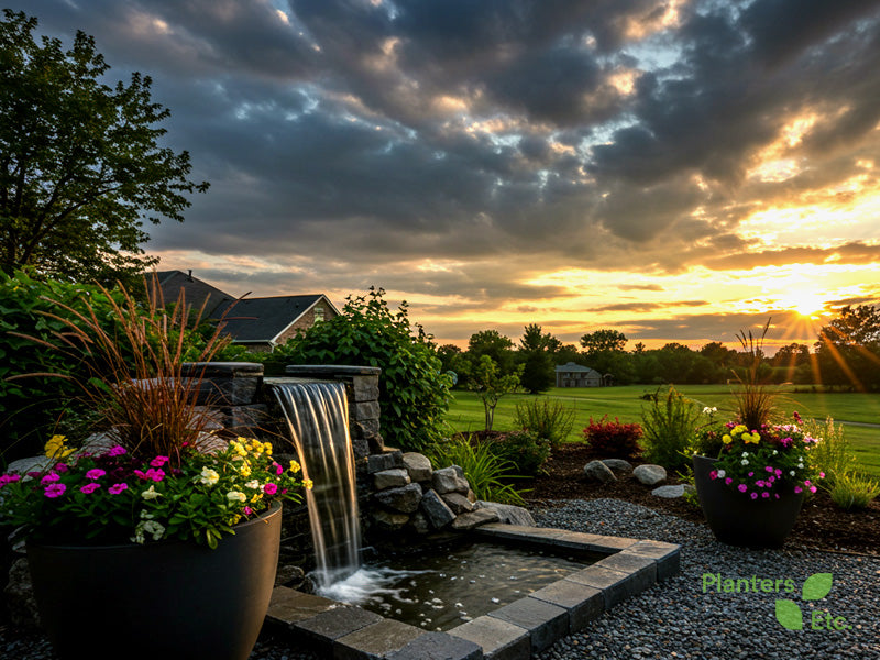A tranquil backyard scene at sunset featuring a stone water fountain flowing into a small pond, flanked by large planters filled with colorful flowers and grasses. The soft sound of running water complements the open green landscape, creating a peaceful and visually stunning focal point.