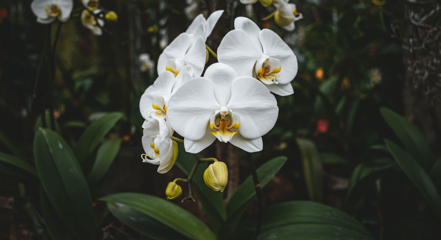 An elegant arching stem of white Phalaenopsis Moth Orchid flowers.