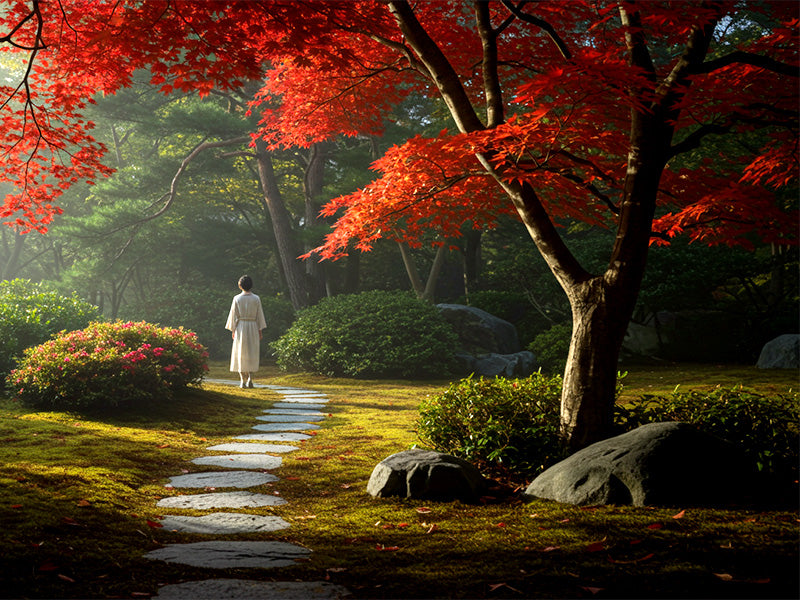 A person in a white robe walks along a curved stone path through a tranquil Japanese garden, surrounded by lush greenery and a vibrant red maple tree glowing in soft morning light.