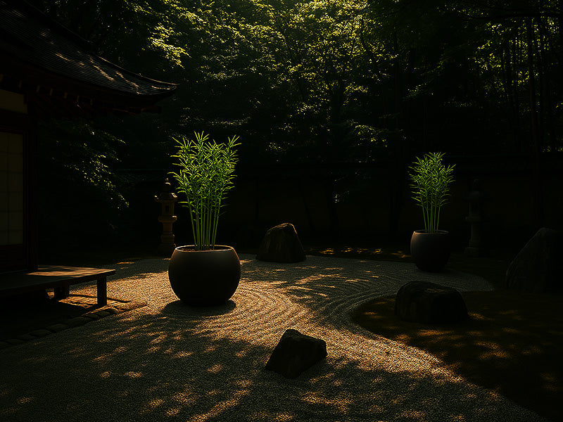 Large rounded planters with tall bamboo plants add height and balance to a tranquil Japanese Zen garden, surrounded by raked gravel, moss, and traditional stone lanterns.