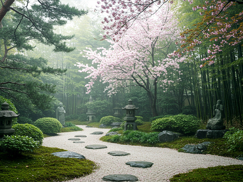 A serene Japanese Zen garden with winding gravel paths, stone lanterns, lush greenery, and blooming cherry blossom trees surrounded by bamboo and statues.